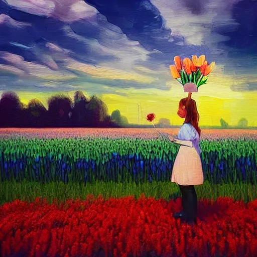 Image similar to dutch girl with one giant tulip as a face, surreal photography, flower field, sunset dramatic light, impressionist painting, colorful clouds, blue sky, digital painting, artstation, simon stalenhag