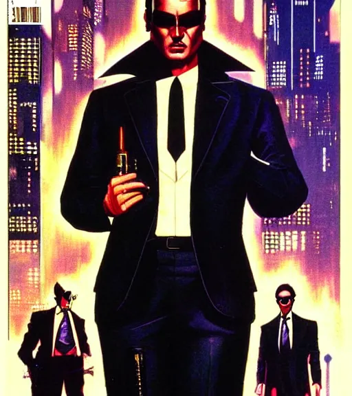 Prompt: a cyberpunk mafia boss in a suit with slicked back black hair played by marlon brando, 1 9 7 9 omni magazine cover, style by vincent di fate, artgerm, cyberpunk 2 0 7 7, very coherent, detailed, 4 k resolution, unreal engine, daz