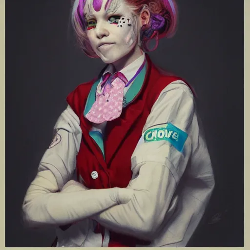 Image similar to clowncore pastel punk young hospital nurse wearing stylish uniform. detailed, portrait, 8 k, artwork by jean - baptiste monge