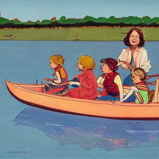 Image similar to The installation art depicts a group of well-dressed women and children enjoying a leisurely boat ride on a calm day. The women are chatting and laughing while the children play with a toy boat in the foreground. hunter green, cardinal by Moebius angular