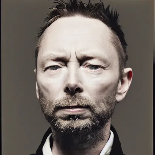 Image similar to Thom Yorke, a man with a beard and a black jacket, a portrait by John E. Berninger, dribble, neo-expressionism, uhd image, studio portrait, 1990s