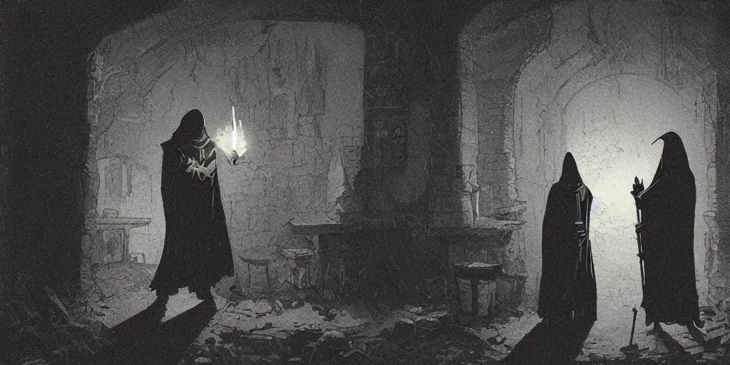 Prompt: a hooded figure carrying a torch approaches an abandoned tavern on a moonlit night, Mike Mignola and Greg Rutkowski
