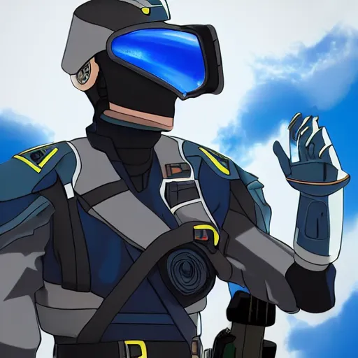 Prompt: a futuristic soldier captain with a metal visor and a blue shoulderpad in anime style