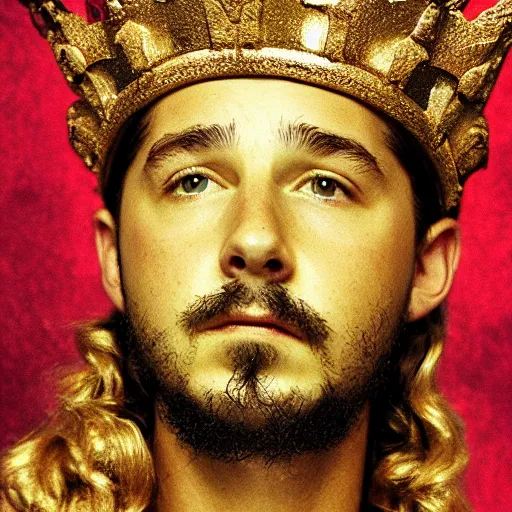 Image similar to HQ photo face picture of Shia Labeouf sitting on a throne wearing a golden crown