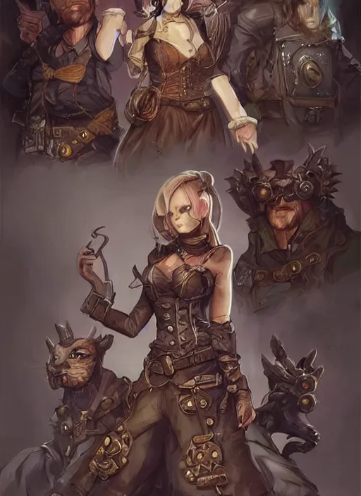 Prompt: character concept art for a steampunk fantasy rpg, full body, fantasy painterly style, artwork by ross tran, artgerm