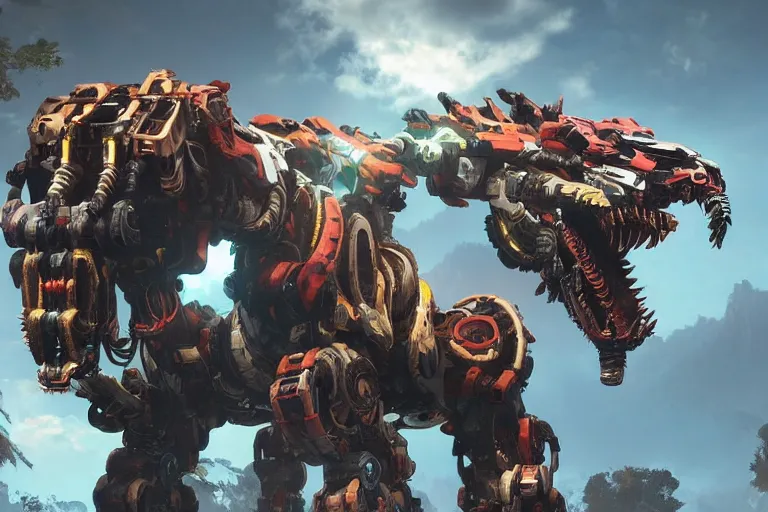 Image similar to snapmaw machine mecha animal beast robot of horizon forbidden west horizon zero dawn bioluminiscence global illumination ray tracing hdr fanart arstation by sung choi and eric pfeiffer and gabriel garza and casper konefal