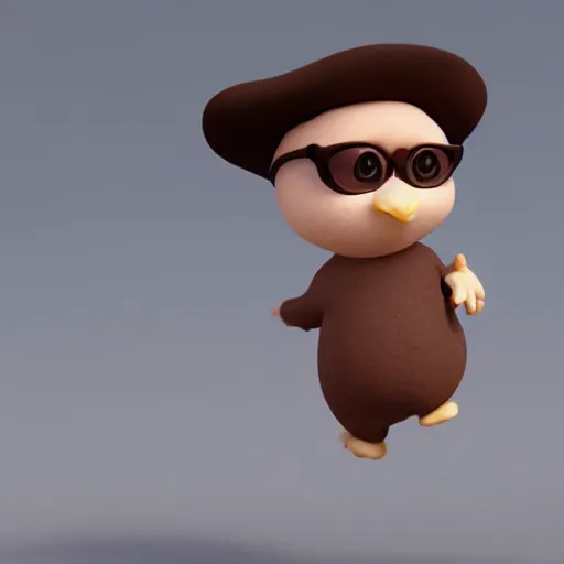 Prompt: a cute baby chick, made out of chocolate cookies, wears fancy cool clothes, fashion sunglasses and a baseball cap, jumps in the air. cute 3 d render by pixar