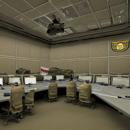 Image similar to interior of military command center, photorealistic, highly detailed