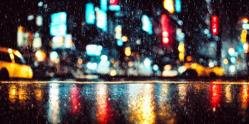 Prompt: a city street at night, raining, photograph, cars on the road, cyberpunk, sharp focus, intricate detail