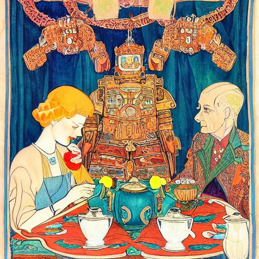 Image similar to detailed Ivan Bilibin and Edmund Dulac and James Jean inspired painting of mech robots having tea with the queen of England in 1953.