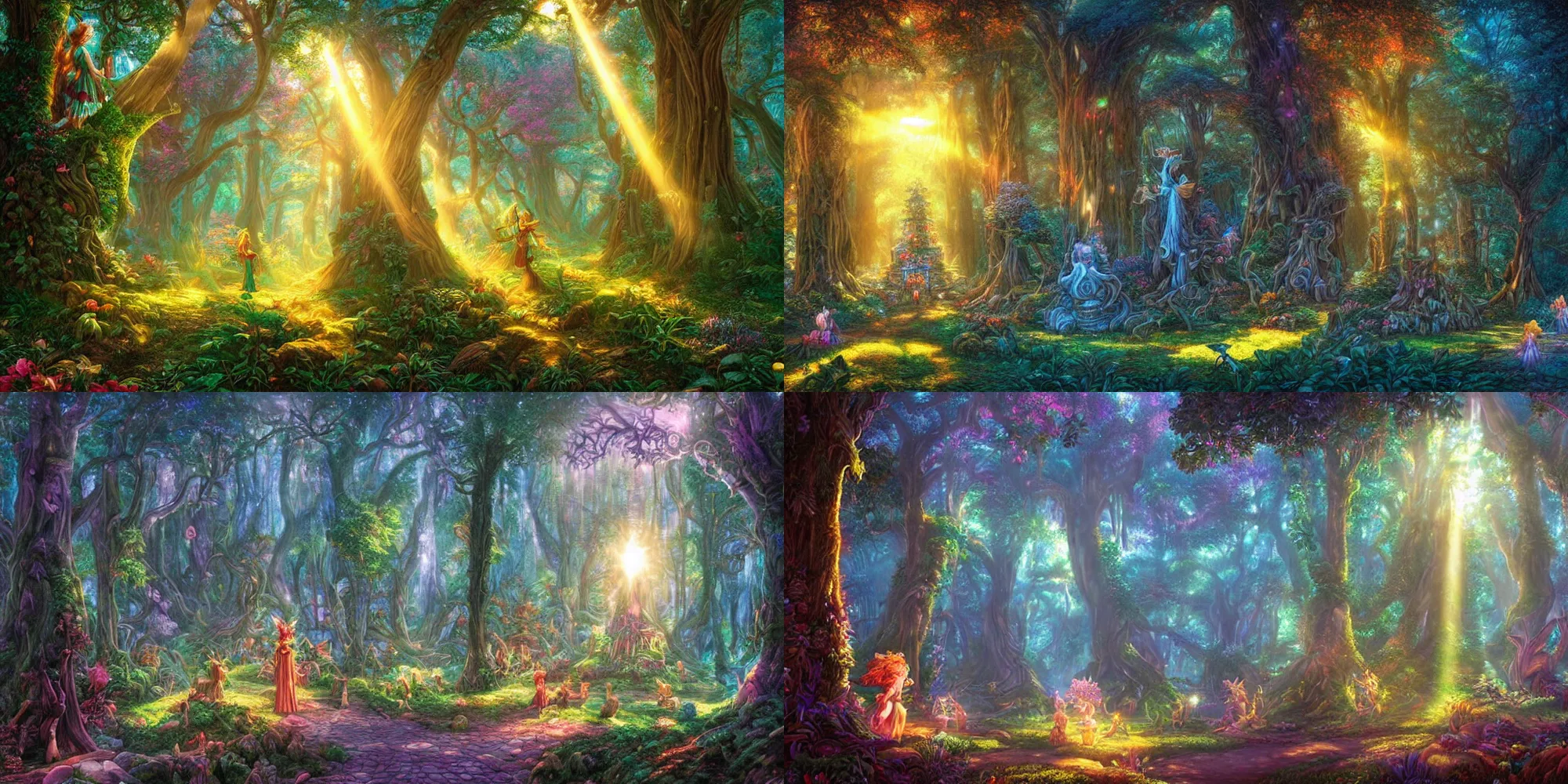 Prompt: magical forest with tall trees and statues of ancient goddesses, whimsical, fairy tale, legend of mana, hyper realistic, volumetric lighting, sunshafts, dan mumford, thomas kinkade