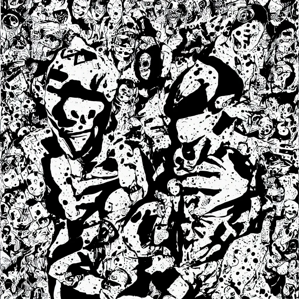 Prompt: faceless human figures, kazuo umezu artwork, jet set radio artwork, stripes, tense, space, skimask, balaclava, ominous, minimal, cybernetic, cowl, dots, stipples, lines, hashing, thumbprint, dark, eerie, circuit board, crosswalks, guts, folds, tearing, painting