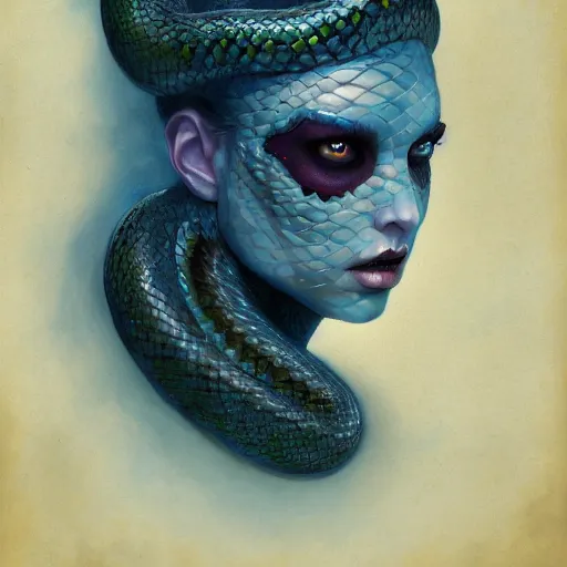 Prompt: queen of snakes, crown of snakes, full face, blue skin, by Anato Finnstark, Tom Bagshaw, Brom