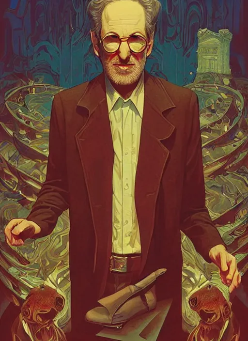 Image similar to poster artwork by Michael Whelan and Tomer Hanuka, Karol Bak of portrait of Steven Spielberg, from scene from Twin Peaks, clean