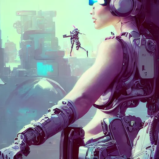 Image similar to portrait of a beautiful cybernetic tankgirl wearing an oculus rift headset, cyberpunk concept art by pete mohrbacher and artgerm and wlop and deathburger and syd mead, digital art, highly detailed, intricate, sci-fi, neon colors, sharp focus, Trending on Artstation HQ, deviantart, unreal engine 5, 4K UHD image