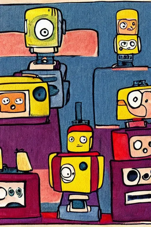 Image similar to children's book illustration of robots watching tv by margret rey