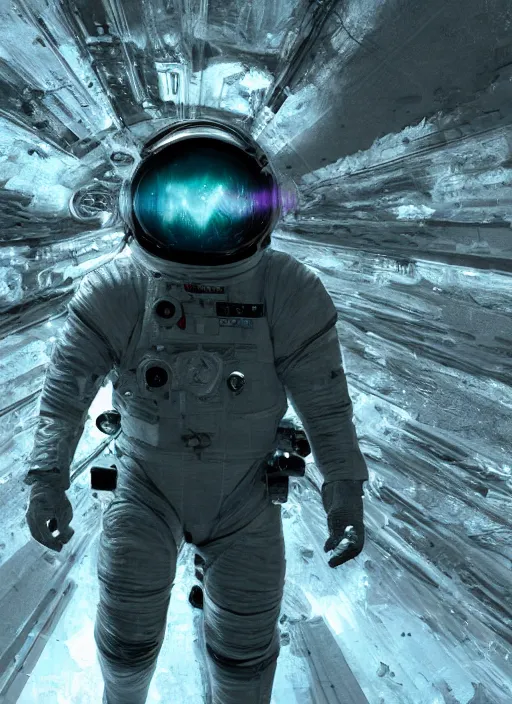 Image similar to concept art by craig mullins astronaut in futuristic dark and empty spaceship underwater. infrared glowing lights. complex and hyperdetailed technical suit. reflection and dispersion materials. rays and dispersion of light. volumetric light. 5 0 mm, f / 3 2. noise film photo. flash photography. unreal engine 4, octane render. interstellar movie art