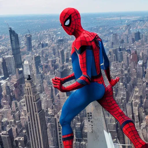 Image similar to marvel spider - man from back standing on top of the empire state building