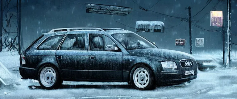 Image similar to Audi A4 B6 Avant (2002), a gritty neo-noir, dramatic lighting, cinematic, eerie person, death, homicide, homicide in the snow, viscera splattered, gunshots, bullet holes, establishing shot, extremely high detail, cracked windows, photorealistic, arson, cinematic lighting, artstation, by simon stalenhag, Max Payne (PC) (2001) winter New York at night, In the style of Max Payne 1 graphic novel, flashing lights, Poets of the Fall - Late Goodbye