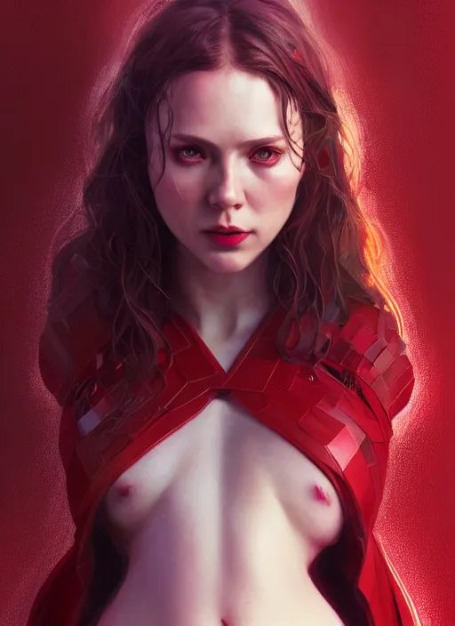 Image similar to Scarlet Witch, full body portrait, hyper detailed, digital art, trending in artstation, cinematic lighting, studio quality, smooth render, unreal engine 5 rendered, octane rendered, illustration, art by wlop and klimt and krenz cushart