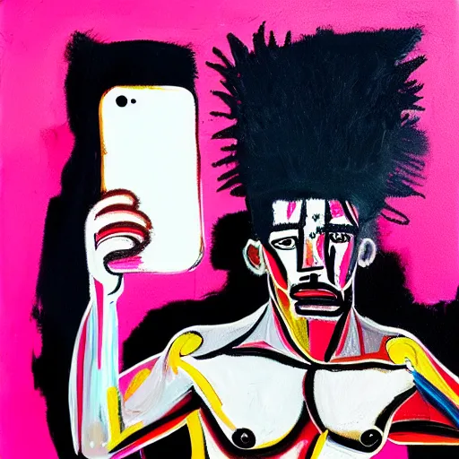 Image similar to A mirror selfie of a handsome muscular man with white angel wings and black devil horns holding an iPhone, pitchfork, full body, pink background, abstract jean-Michel Basquiat oil painting with thick paint strokes, oil on canvas, detailed