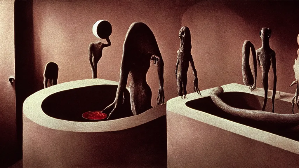 Image similar to the creature in the sink, they taunt me, film still from the movie directed by wes anderson and david cronenberg with art direction by salvador dali and zdzisław beksinski, wide lens