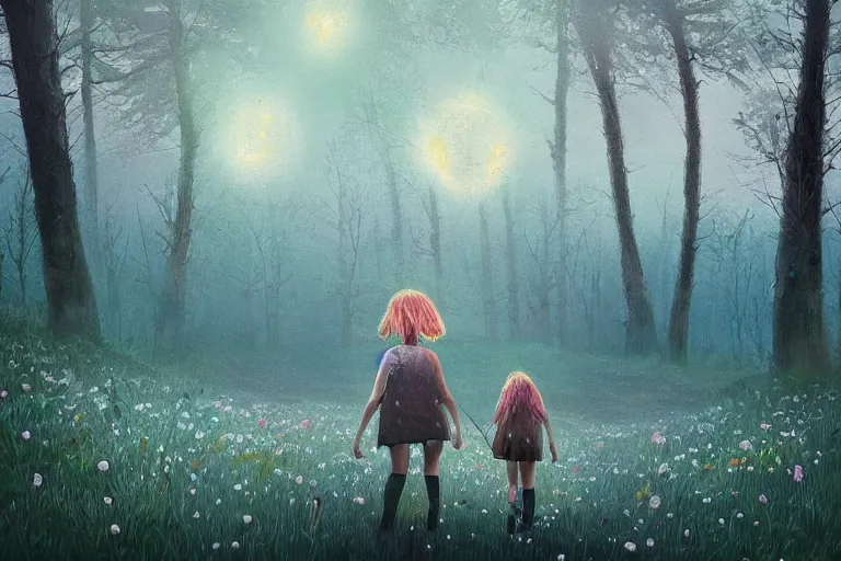 Image similar to giant daisy flowers head, girl walking in dark forest, surreal photography, dark night, stars, moon light, impressionist painting, clouds, digital painting, artstation, simon stalenhag