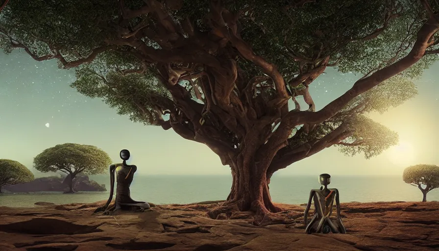 Prompt: very very small mannequin robot, sitting on a gigantic banyan tree in moonlit socotra island by ilya kuvshinov, starry night, rtx rendering, octane render 1 2 8 k, maya, extreme high intricate details by tom bagshaw, medium shot, close up shot, composition by sana takeda, lighting by greg rutkowski