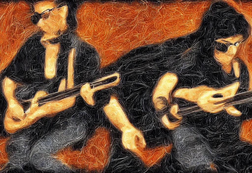 Image similar to person playing guitar, million duracell batteries, digital art