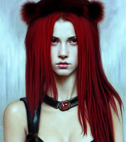 Image similar to portrait of teenage athena holding a dagger, long blood red hair, stern expression, wearing clothing of leather and fur, fringe, bone jewelry, intricate, elegant, leather jewelry, glowing lights, highly detailed, digital painting, artstation, concept art, smooth, sharp focus, illustration, art by wlop, mucha, artgerm, and greg rutkowski