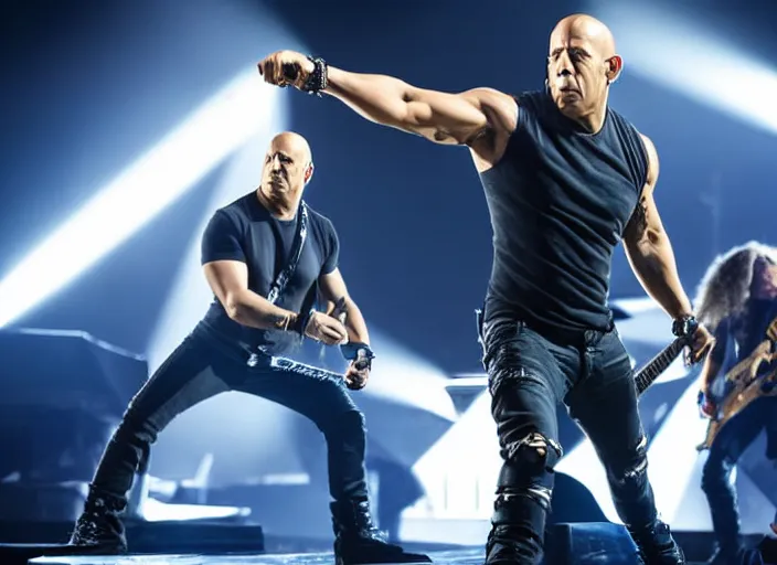 Image similar to publicity photo still of vin diesel in metallica live on stage, 8 k, live concert lighting, mid shot