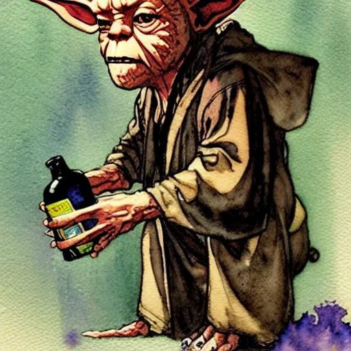 Image similar to a realistic and atmospheric watercolour fantasy character concept art portrait of a sleazy homeless chibi yoda wearing a wife beater drinking out of a broken bottle, by rebecca guay, michael kaluta, charles vess and jean moebius giraud