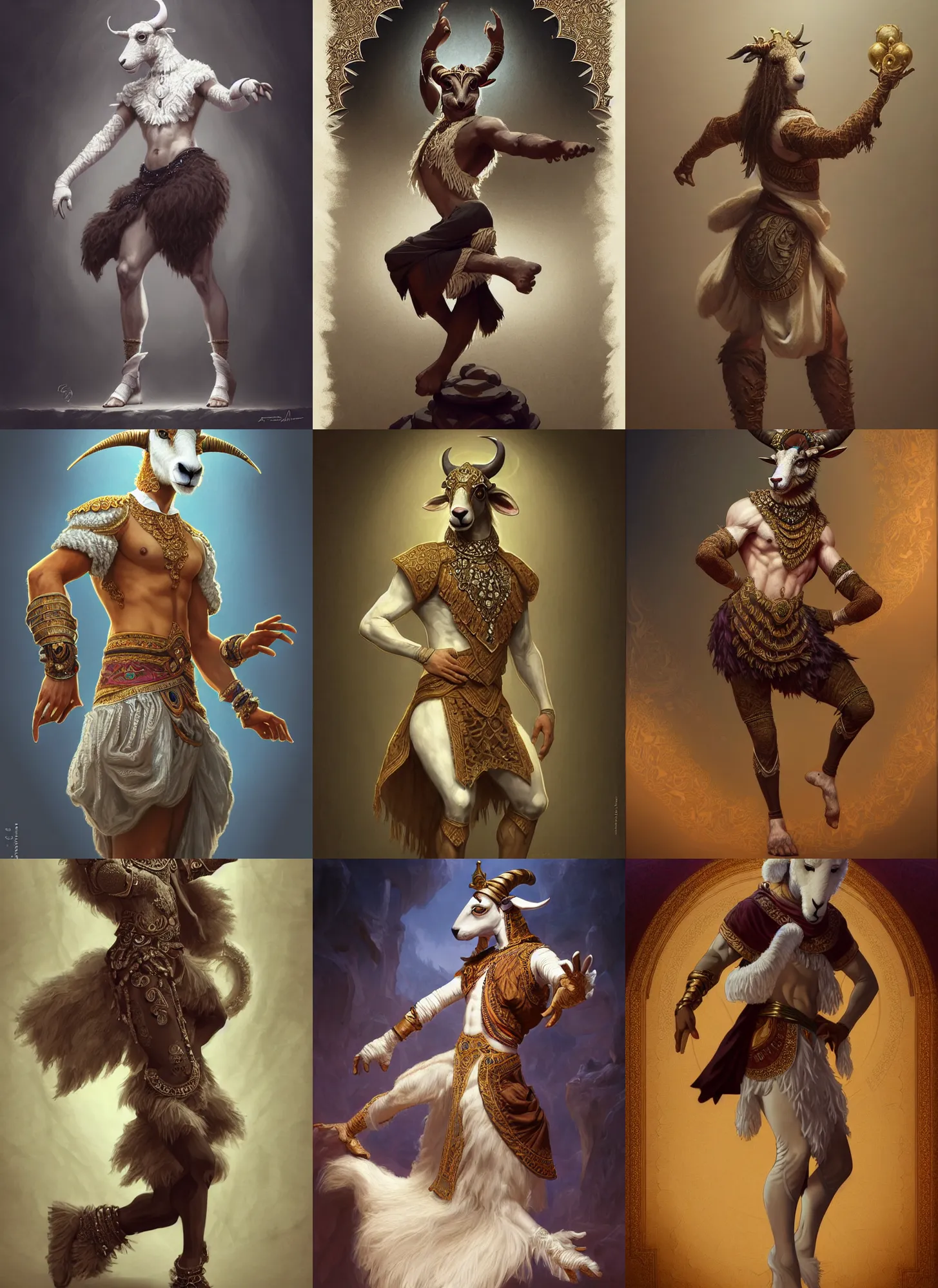 Prompt: full body photograph of a male anthropomorphic sheep man fursona arabian dancer, deep focus, intricate, elegant, highly detailed, digital painting, artstation, concept art, matte, sharp focus, illustration, d & d, fantasy, hearthstone, art by artgerm and greg rutkowski and alphonse mucha