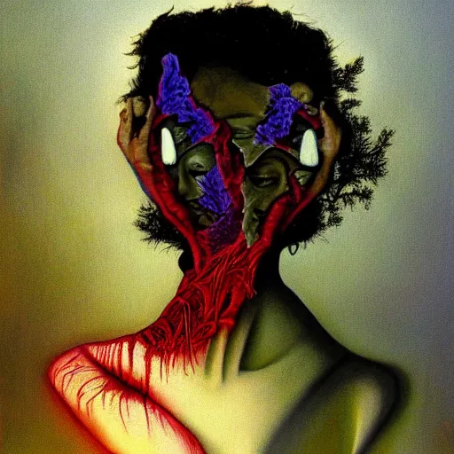 Image similar to dramatic portrait painting of sad woman with black mandelbrot fractal instead of face, in style of zdzisław beksinski, horror, body horror, dark, disturbing,