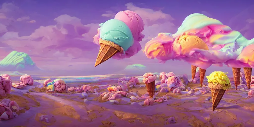 Prompt: ice cream candy apocalypse, colorful, wide angle, super highly detailed, professional digital painting, artstation, concept art, smooth, sharp focus, no blur, no dof, extreme illustration, Unreal Engine 5, Photorealism, HD quality, 8k resolution, cinema 4d, 3D, beautiful, cinematic, art by artgerm and greg rutkowski and alphonse mucha and loish and WLOP