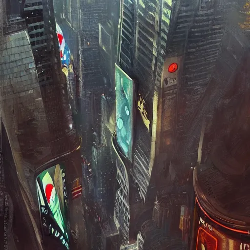 Prompt: bird's eyeview of spaceship landing in times square, nyc, by jeremy mannm greg rutkowski.