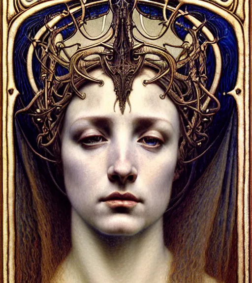 Prompt: detailed realistic beautiful young medieval queen of the andromeda galaxy face portrait by jean delville, gustave dore and marco mazzoni, art nouveau, symbolist, visionary, gothic, pre - raphaelite. horizontal symmetry by zdzisław beksinski, iris van herpen, raymond swanland and alphonse mucha. highly detailed, hyper - real, beautiful