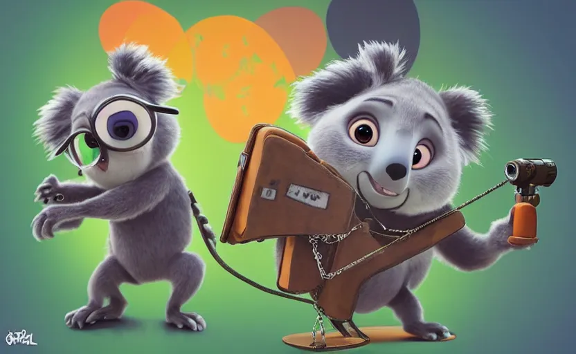 Image similar to “ cute koala with very big eyes, wearing a bandana and chain, holding a laser gun, standing on a desk, digital art, award winning, in the style of the movie zootopia ”