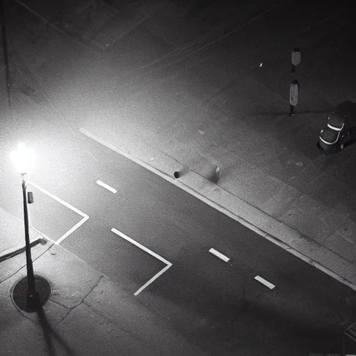 Image similar to A stunningly beautiful award-winning 8K high angle cinematic movie photograph of a foggy intersection in an abandoned 1950s small town at night, by Edward Hopper and David Fincher and Darius Khonji, cinematic lighting, perfect composition, moody low key volumetric light. Color palette from Seven. Shot from above, 3 point perspective, from rooftop