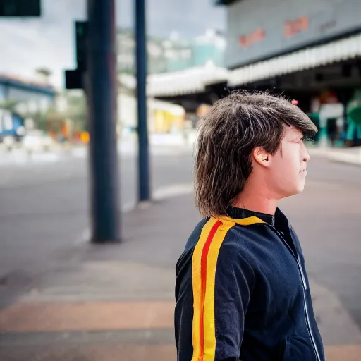 Image similar to A bogan with a mullet haircut waiting for the bus, Canon EOS R3, f/1.4, ISO 200, 1/160s, 8K, RAW, unedited, symmetrical balance, in-frame