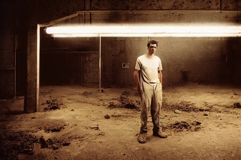 Image similar to a cinematic!! headshot photograph!! of a male, stood in a factory, dirt, film still, cinematic lighting, by bill henson, jeremy mann