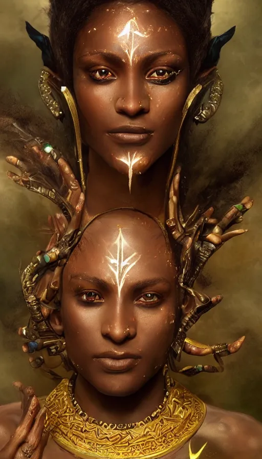 Prompt: epic masterpiece portrait of a dark skin sorceress with a magic wand, on the battlefield, african tribe makeup and jewelry, sweaty skin, hyperrealistic, octane render, cinematic, followed by heads with many faces, beautiful face and flawless skin, perfect hands, emeralds by Edgar Maxence and Ross Tran and Michael Whelan, Legends of Runeterra