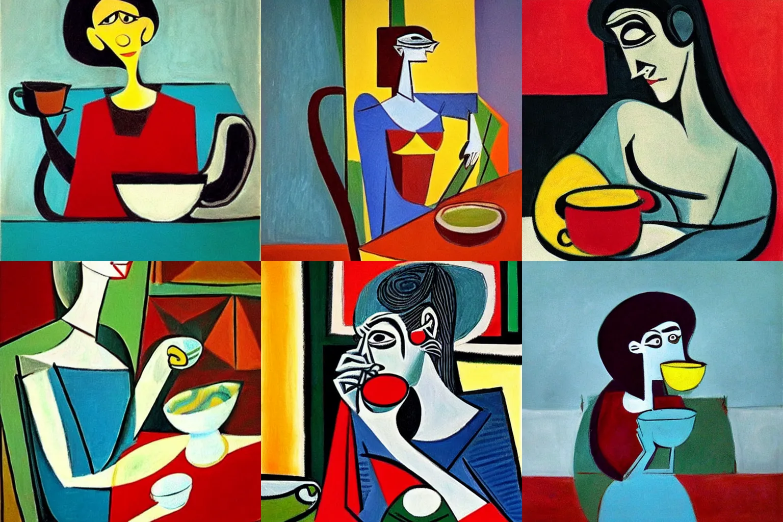 Prompt: a woman drinking tea by (((Pablo Picasso))) by Pixar!!!