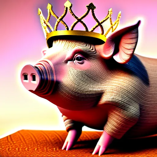 Prompt: pig wearing a gold crown sitting on a kings throne eating a pork rind 8k resolution, award winning, realistic, cinematic concept art