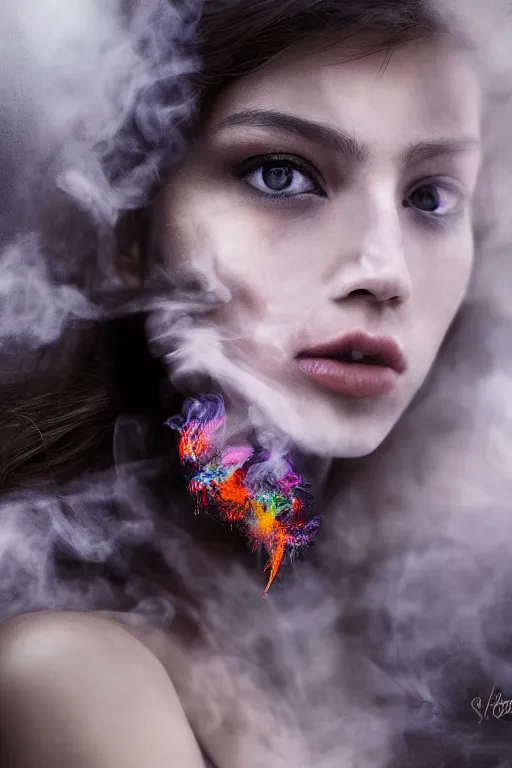 Image similar to photography inside a soul of a gorgeous young girl , searching for eternity, smoke out of her eyes, dark glowing forest in the style of stefan kostic, realistic, sharp focus, 8k high definition, high fashion, vogue, insanely detailed, soft light, colorful smoke, intricate, elegant, art by stanley lau and artgerm, sigma 85mm art