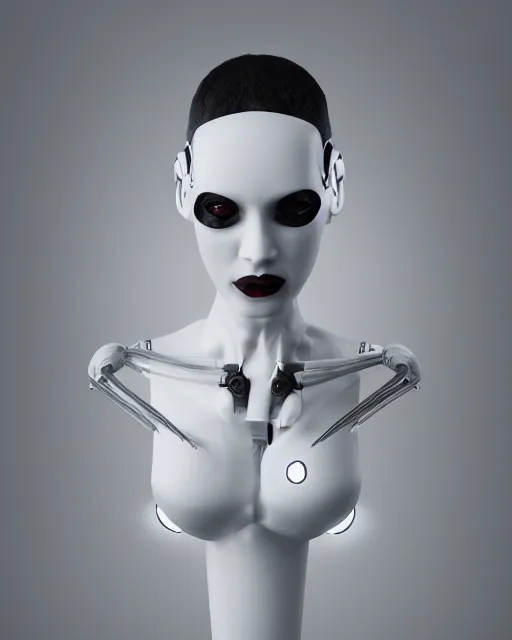 Prompt: 3 / 4 portrait photo of sensual dancer as a cyberpunk humanoid robotic head shoulder parts with straight bright led lights, inside white room, ultra - realistic and detailed, 8 k