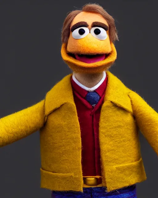 Image similar to saul goodman as a muppet. highly detailed felt. hyper real photo. 4 k.