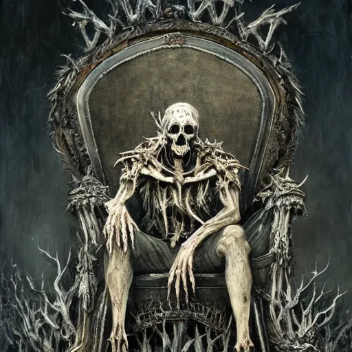 Image similar to withered old king sitting on a throne of rotting bones, highly detailed painting by seb mckinnon, 8 k