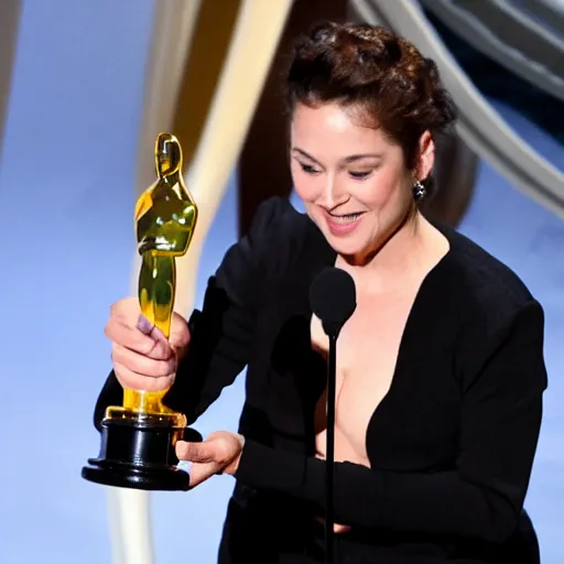 Image similar to an actress giving academy awards acceptance speech in the spotlight on the stage