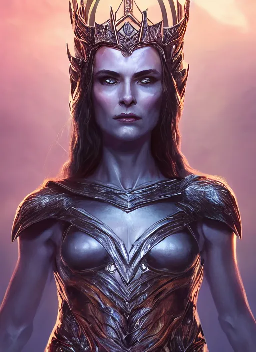 Image similar to hela goddess wearing crown, ultra detailed fantasy, elden ring, realistic, dnd character portrait, full body, dnd, rpg, lotr game design fanart by concept art, behance hd, artstation, deviantart, global illumination radiating a glowing aura global illumination ray tracing hdr render in unreal engine 5